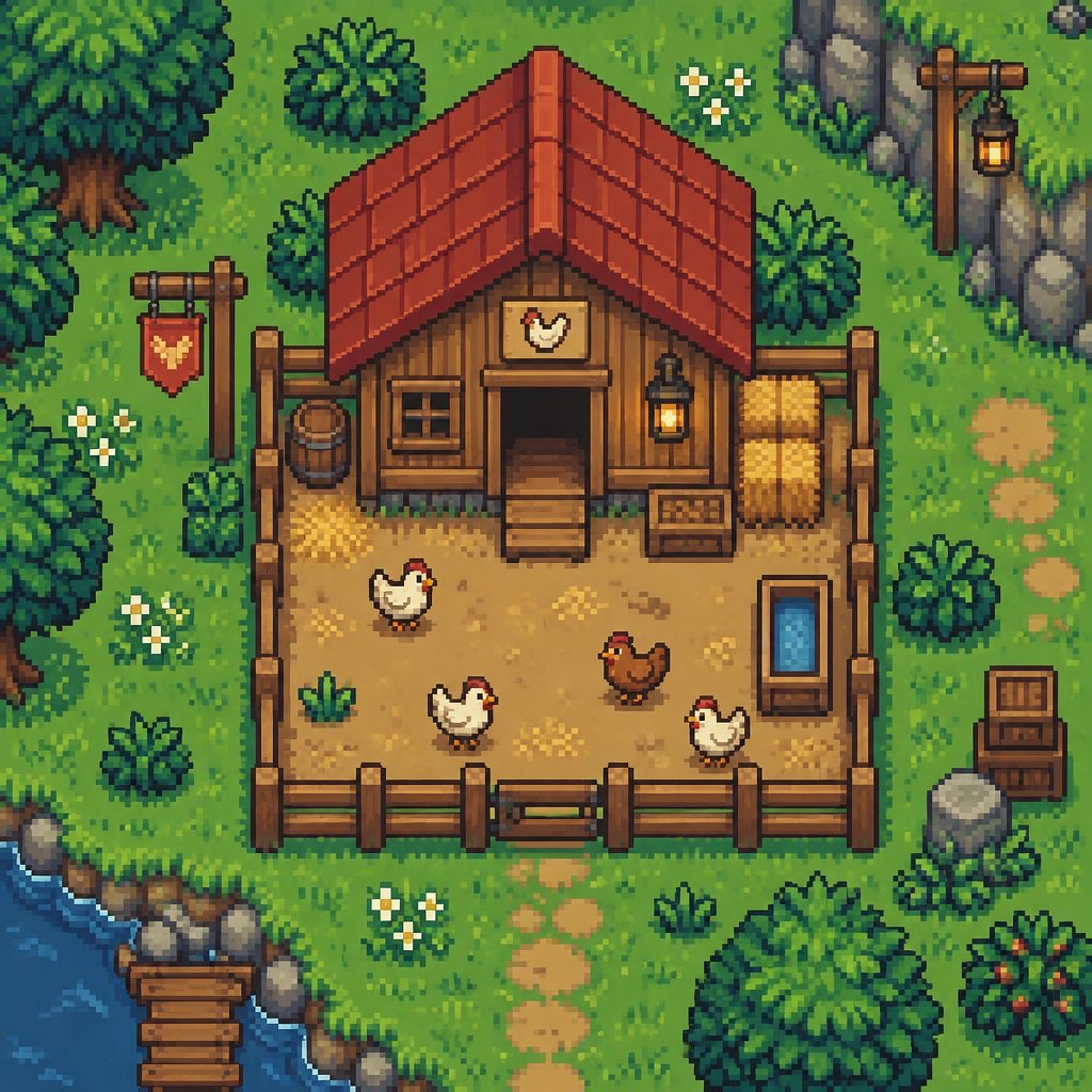 cozy small coop for a modern fantasy game, exterior, top down style