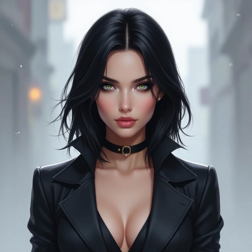 Show character head to toe. Create hero woman jet-black hair is cut sharpand her eyes seem to pierce through darkness. A shadowy aura clings to her form,