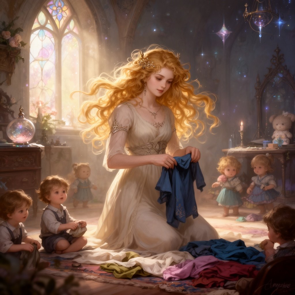 Women with long blonde wide curls in simple but elegant clothes preparing clothes for her children