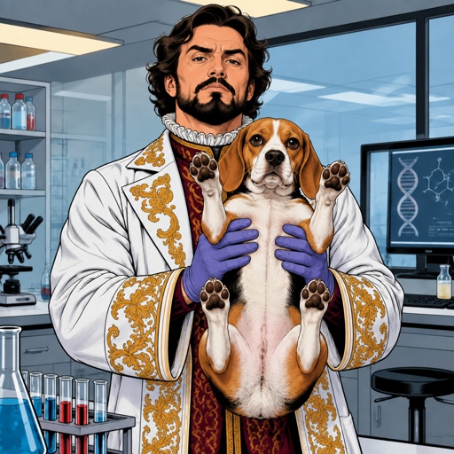 a man holding a dog in a lab