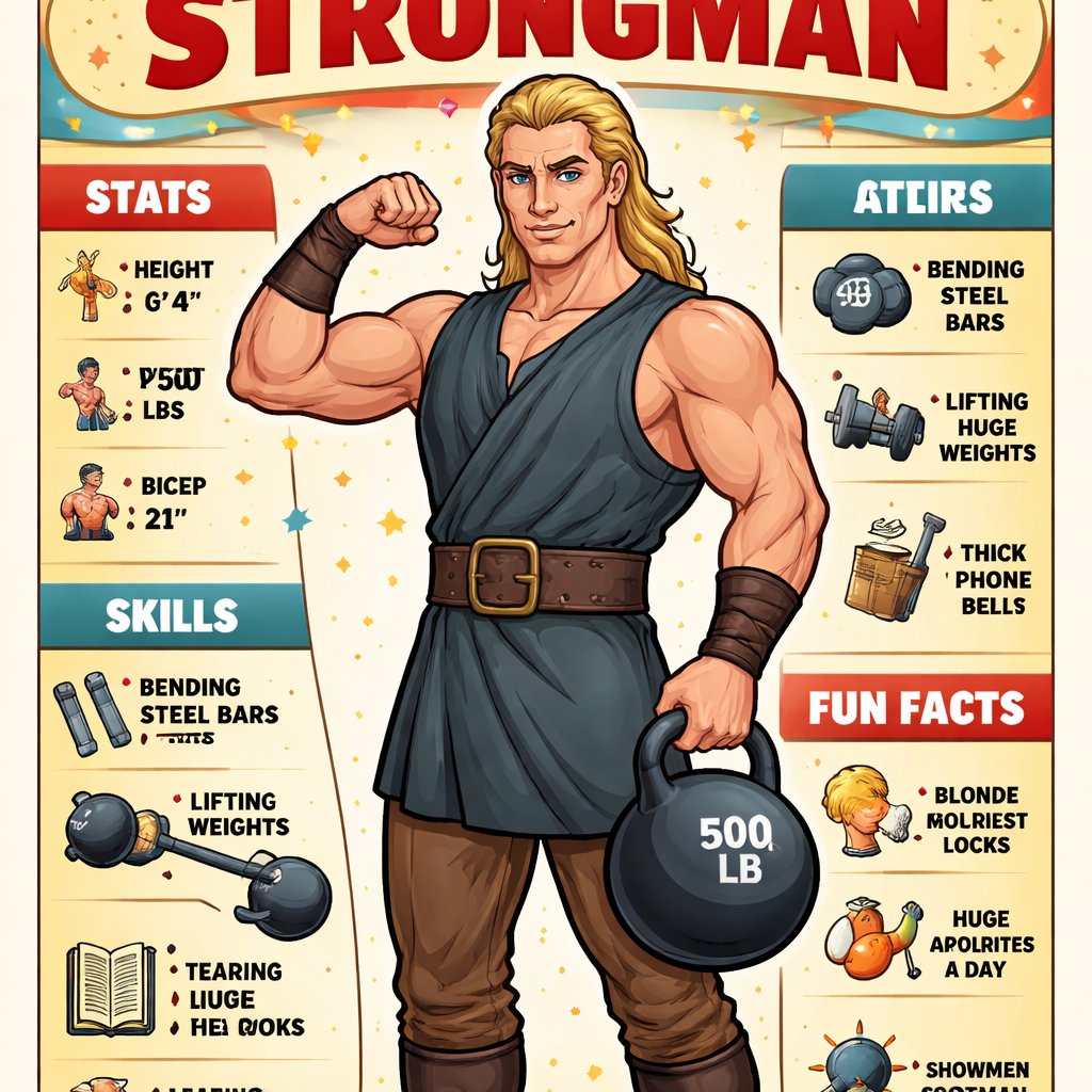 A tall well~proportioned male, so handsome he looks like a Greek god with muscles. With deep-set blue eyes and strong brows, hinting at inner depth“. His hairstyle is a blonde mullet. He works at freak show as a strong man. His outfit consistsed of a Charcoal-toned sleeveless Greek tunic, thick leather belt, leather wristbands/cuffs, brown pants.