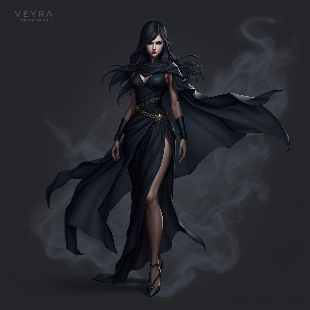 Create character hero Veyra of Shadows – A lithe, mysterious woman draped in layered black silks that move like smoke around her. With jet-black hair. Show her whole body head to toe including her shoes.