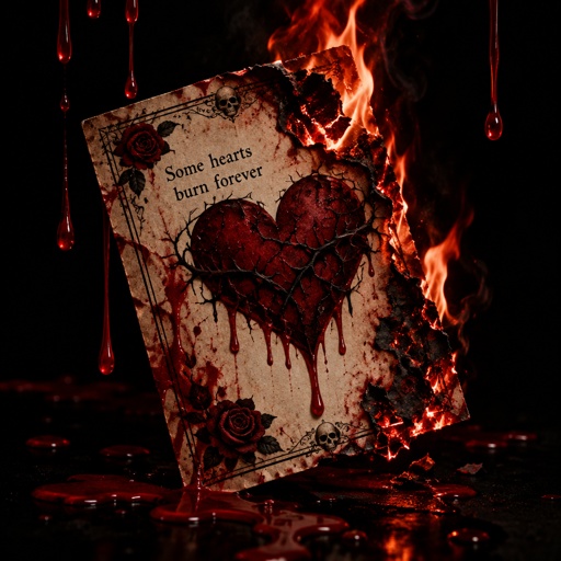 valentine day card on fire with drops of red blood around it