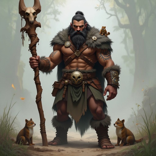 Kael the Beastbound – A rugged, broad-shouldered man with dark skin and a rough beard, wearing armor made from bone and leather. deep green eyes tattoos of animal tracks spiral down his arms. He carries a massive wooden staff carved with the shapes of beasts, and small creatures often perch on his shoulders or follow at his feet.