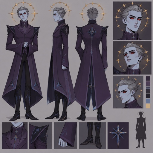 Male, grey short slick pointy back hair, light blue skin, completely full red eyes, red eyes, halo of gold stars surrounding head, purple long coat buttoned up, purple shirt and collar, shirt sleeves over palms, tall boots, black pants, blue details on clothes, pointy shoulder pads dark purple, cartoon style
