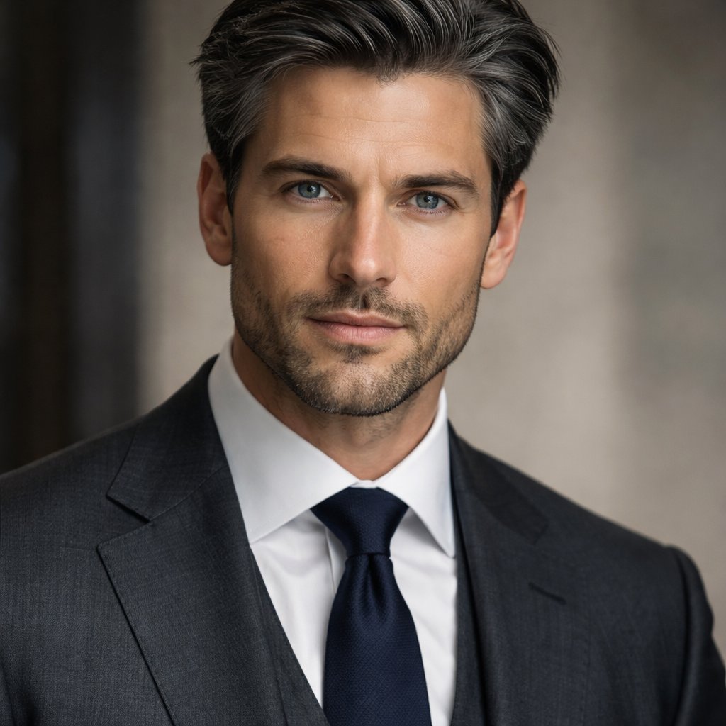 A 40 year old man who has black hair fading into a light gray and he has blue eyes. He looks strong and looks like a leader.