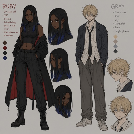 Anime style, female Ruby,dark skin,silk press hair blue tips hair,serious, intimidating,makes sure she gets the answers,pretty loud, tea,always takes responsibility, she doesn't know about grays feelings, Male Gray,nice wave blond hair, nice,no glasses,shy, good at his job, very organized but unexpected overload gets him very disheveled, likes his partner Ruby but to scared to admit it, smart,energy drinks,can unintentionally be funny