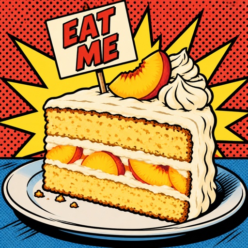 Slice of vanilla peach cake with a sign that says eat me 