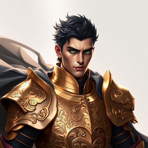 Knight in rose gold armor with short black feathered hair clean shaven sea green eyes and black cape 