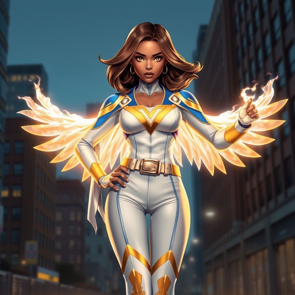 A teenage African American female superhero with brown hair with gold highlights in a shoulder length side part hairstyle with pure Gold Glowing eyes wearing a white suit with gold and royal blue  with white pants and gold and white knee length boots with a utility belt with a gold V  as her chest emblem with glowing  wings made of white fire in Philadelphia 