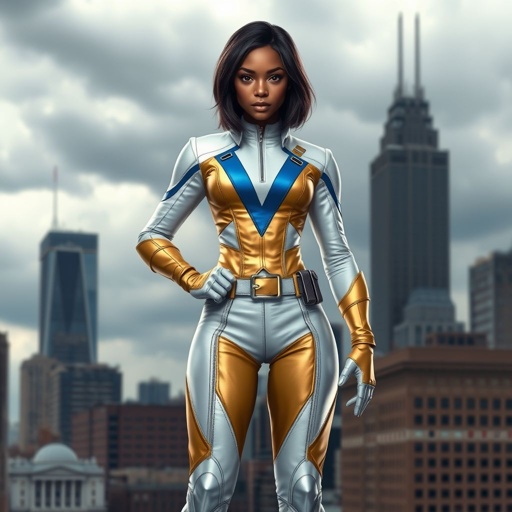 A teenage African American female superhero with hair in a shoulder length side part style wearing a partially leather white and Gold suit with blue accents and a stylized V as her chest emblem a utility belt and silver boots standing in Philadelphia during a cloudy day