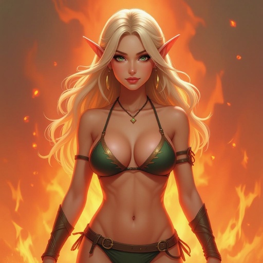 A blonde female elf with big boobs in the middle of fire wearing a bikini