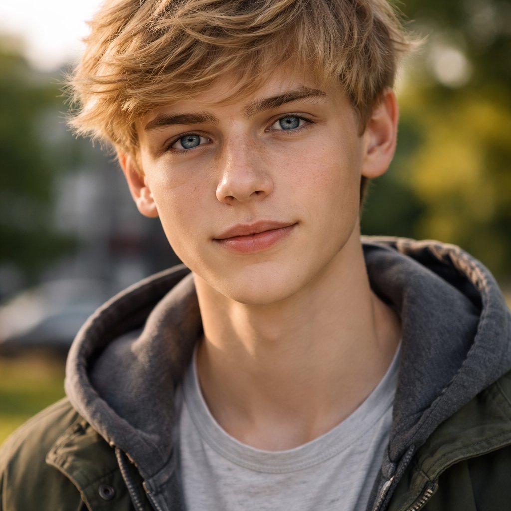 A 17 year old boy who has blonde hair and blue eyes.