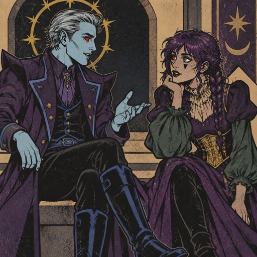 Male, grey short slick pointy back hair, light blue skin, completely full red eyes, red eyes, halo of gold stars surrounding head, purple long coat buttoned up, purple shirt and collar, shirt sleeves over palms, tall boots, black pants, blue details on clothes, pointy shoulder pads dark purple, Female, purple braids, messy bangs, one red eye the other green, black triangle under eyes, stars on face, dark purple lipstick,  purple dress with a short front, puffy short sleeve, gold corset, long green sleeves, green details on clothes, stars on top, ruffled collar, black pants, male talks to female 