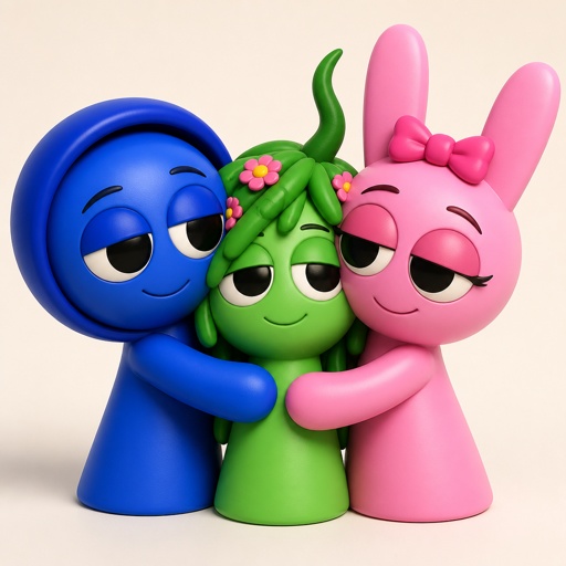 Jevin from Sprunki and Pinki From Sprunki cuddling each other with Vineria from Sprunki in the middle of them