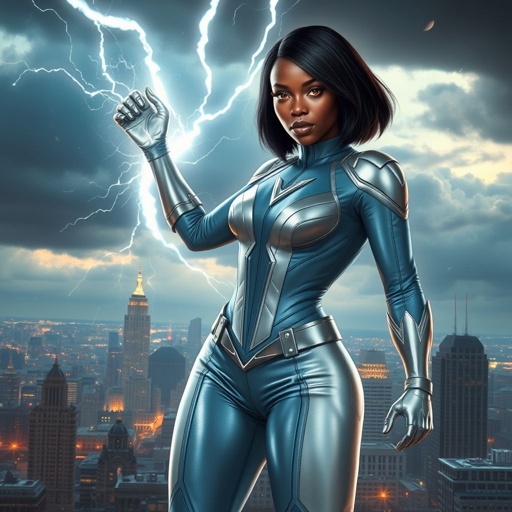 African American female superhero with hair in a shoulder length side part hairstyle with pure Gold glowing eyes wearing a leather slightly armored light blue white and silver suit with light blue pants and silver boots and a V as her chest emblem controlling a storm in Philadelphia