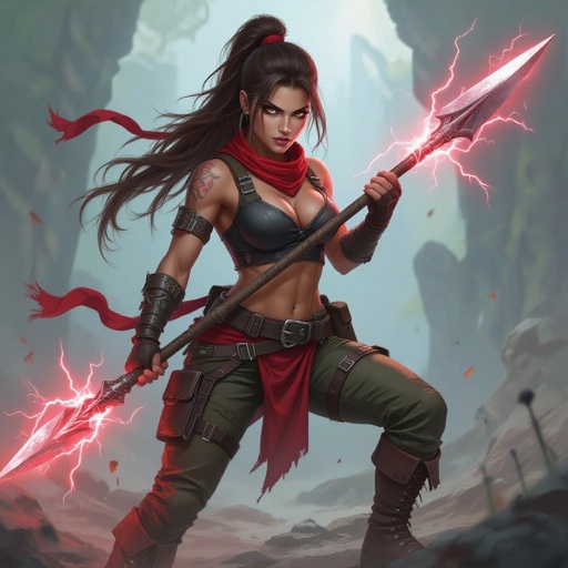 20 year old female with with a rugby-like build, dark brown eyes, pale brown stringy hair, holding a spear with red lightning coming out of the tip, wearing a red bandana on her head with combat boots and military pants with a black shirt.