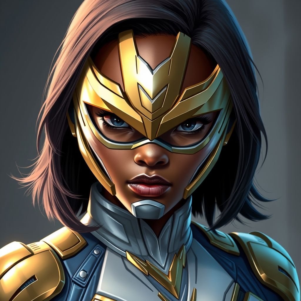 A teenage African American female with shoulder length hair  in a side part style superhero  wearing an armored MASK and a slightly armored white and gold suit with blue accents and white pants and a stylized V as her chest emblem a utility belt and gold boots