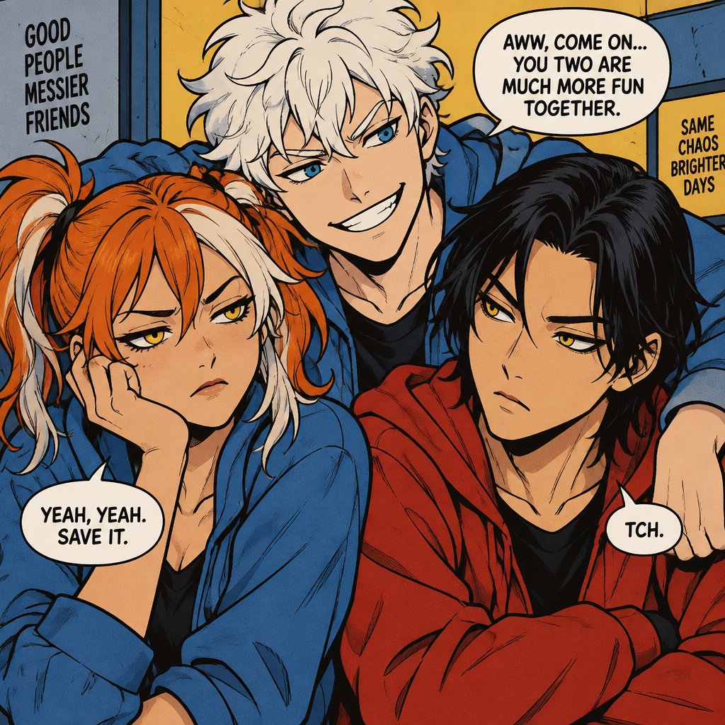 Female, yellow eyes, orange and white messy pigtails, short, wears blue, one droopy eyelid, Male, Asian, neck length black hair, yellow eyes, eyeliner, wears red casual clothes, small mouth, Male, fluffy white hair, big blue eyes, long smile, snobby, wears blue, messing with them