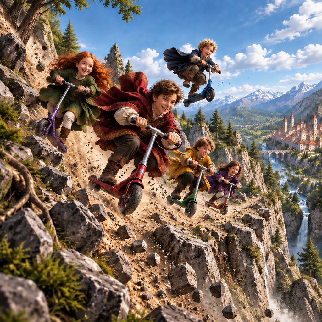 a group of people flying through the air on top of a mountain