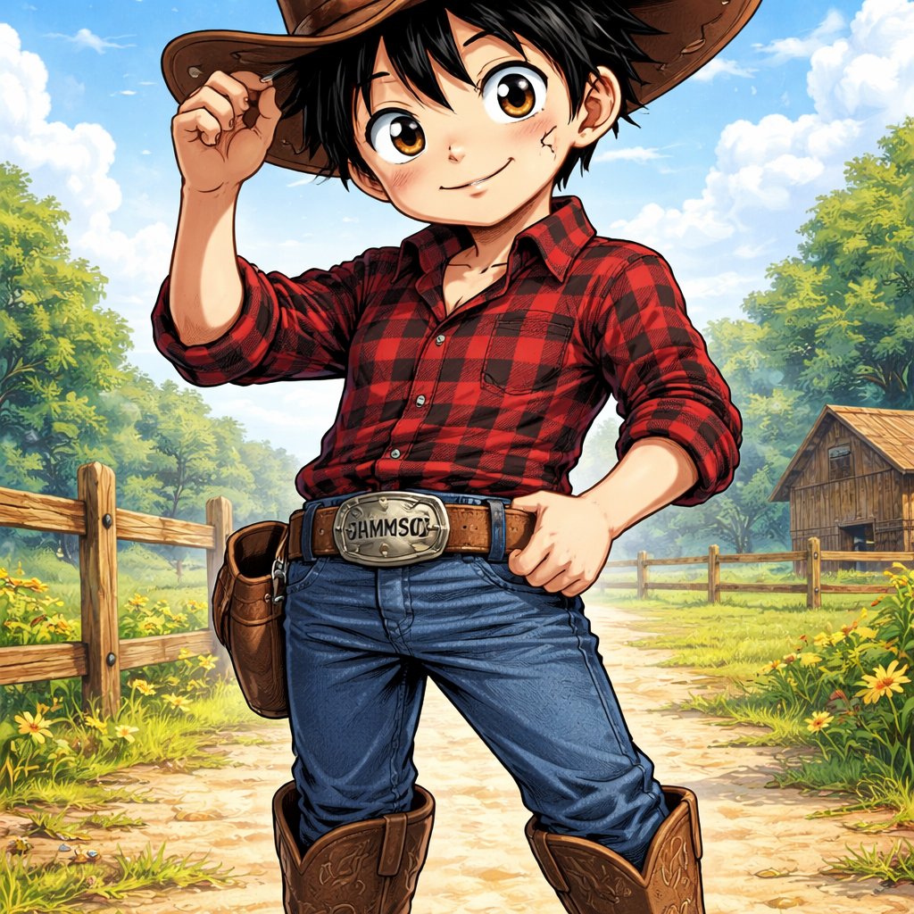 8 year old boy wearing a black and red checkered button down long sleeve shirt, brown leather cowboy hat, brown leather belt with silver belt buckle that says *Thompson* on it, blue jeans with a pair of leather cowboy boots tucked under them, and a scar across his cheek. This character should look like he’s from the anime One Piece.