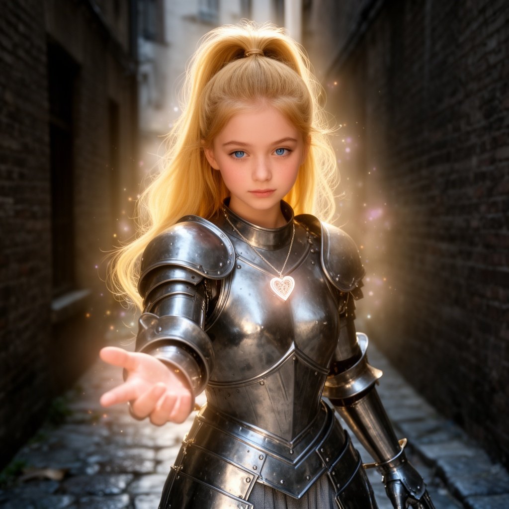 A beautiful girl with long golden hair tied up in a pony tail wearing heavy armour she has peachy skin and nice blue eyes. She seams to have some divine magic coming from her with a heart pendant hanging from her neck. She is in a dark alleyway offering a hand to the camera looking down as if the camera is on the floor looking up.