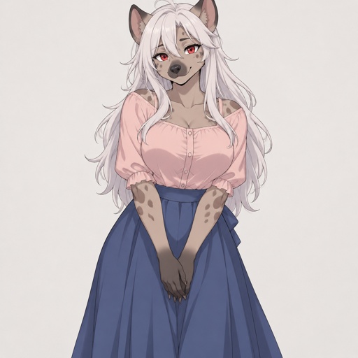 White long hair, red eyes, female gnoll,pink blouse, long blue skirt