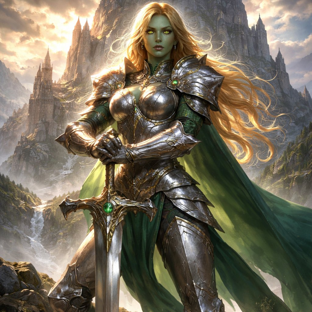 Female, age 30, blonde hair, green/gold eyes, light green tinted skin, muscular