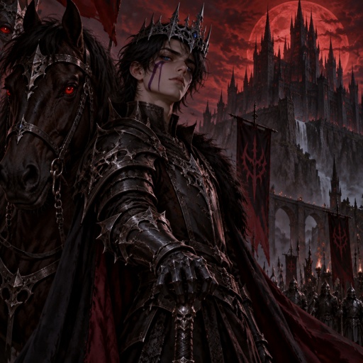 An 18 year old prince who has black hair with purple stripes and blue eyes. He is wearing all black and has a silver crown on his head. Next to the prince stands a brown horse. The prince looks strong, evil, and confident. In the distance is a castle. 