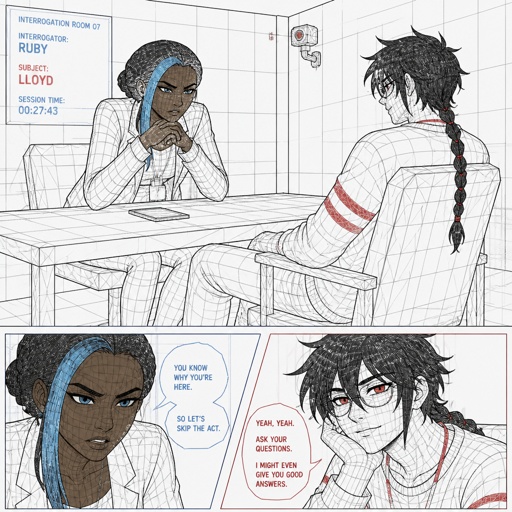 Anime style, Ruby she's dark skin with brown hair and light blue, streak, serious, intimidating, makes sure she gets all the answers she needs,very good at interrogating the suspect, is very loud, being calm is hard, loves tea.Anime white male, name Lloyd, hair messy very big long one loose braid, black hair with light red stripes, clean shaven,red eyes, long scary fingers spider fangs,glasses, sarcastic, cold, laugh mockingly, traumatized,was a unwillingly experiment many years before getting rescued, no memory of his past, has power of a spider, poisonous makes spider webs with his hands, can communicate and control spiders, on right arm a print says sub 389, doesn't remember anything from his past,very dangerous, being taken care of in a special agency.there all in the same room asking Lloyd questions,Lloyd is wearing casual clothes ,as a comic 