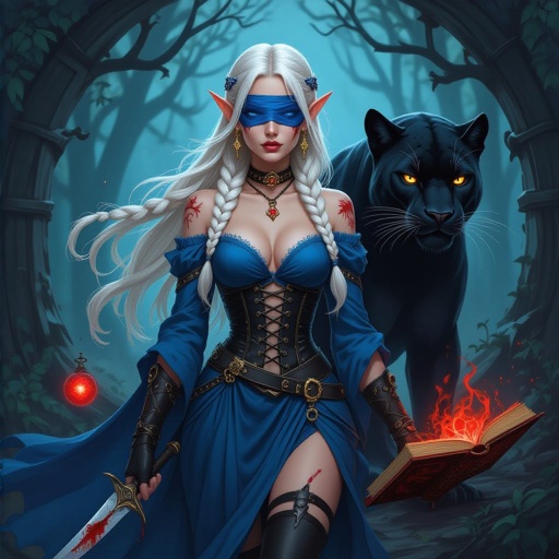 She is an elf. She has long platinum blonde hair. Her hair has to small Dutch braids in the front of her head. The rest of her hair is cascading down her back. She has gold dangling earrings in her ears. She has a blue blindfold covering her eyes. She has scars along her face and chest. She has the same blue color of the blindfold as the color of her dress. Her dress has a black corset with two leg slits. Her sleeves of the dress are also the same blue and they are flowing down her arms. She has arm cuffs on both arms and she has a knife strapped to her left leg. The knife strapped to her leg has a blood red gem on the hilt. She has a large panther walking beside her. In her left hand she is casting a small glowing red orb and in her right she is holding a closed spell book. The spell book is red with black writing as well as black binding She has black boots on her feet. She is standing in the woods. The trees making an arch behind her. She has the word freak carved into her chest.
