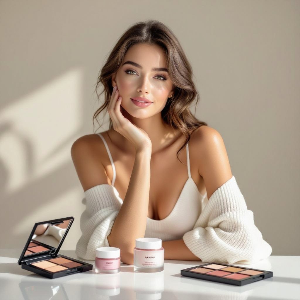 Create a character showing there whole body head to toe, a lady who loves beauty products