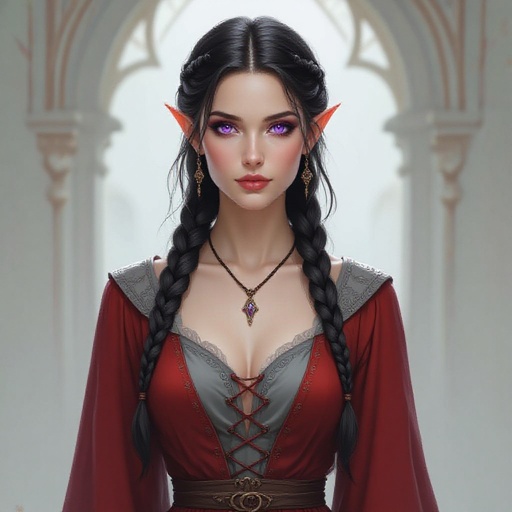 Pale human woman. Dark braided hair. Violet eyes. Short and lean build. Wearing a red and grey dress.