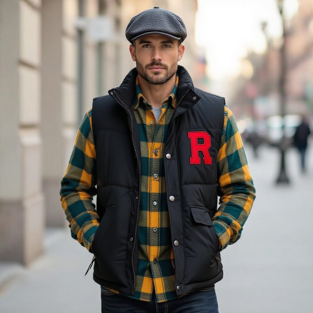 Man in black and light Grey puffer Vest . A Teal and Yellow Flannel underneath. He wears a dark grey leather flat cap with a Red R that’s been slashed on the vest and Cap. Dark grey denim jeans