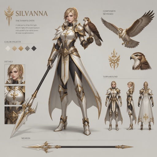 female warrior named silvanna, blonde, white gold, hawk companion