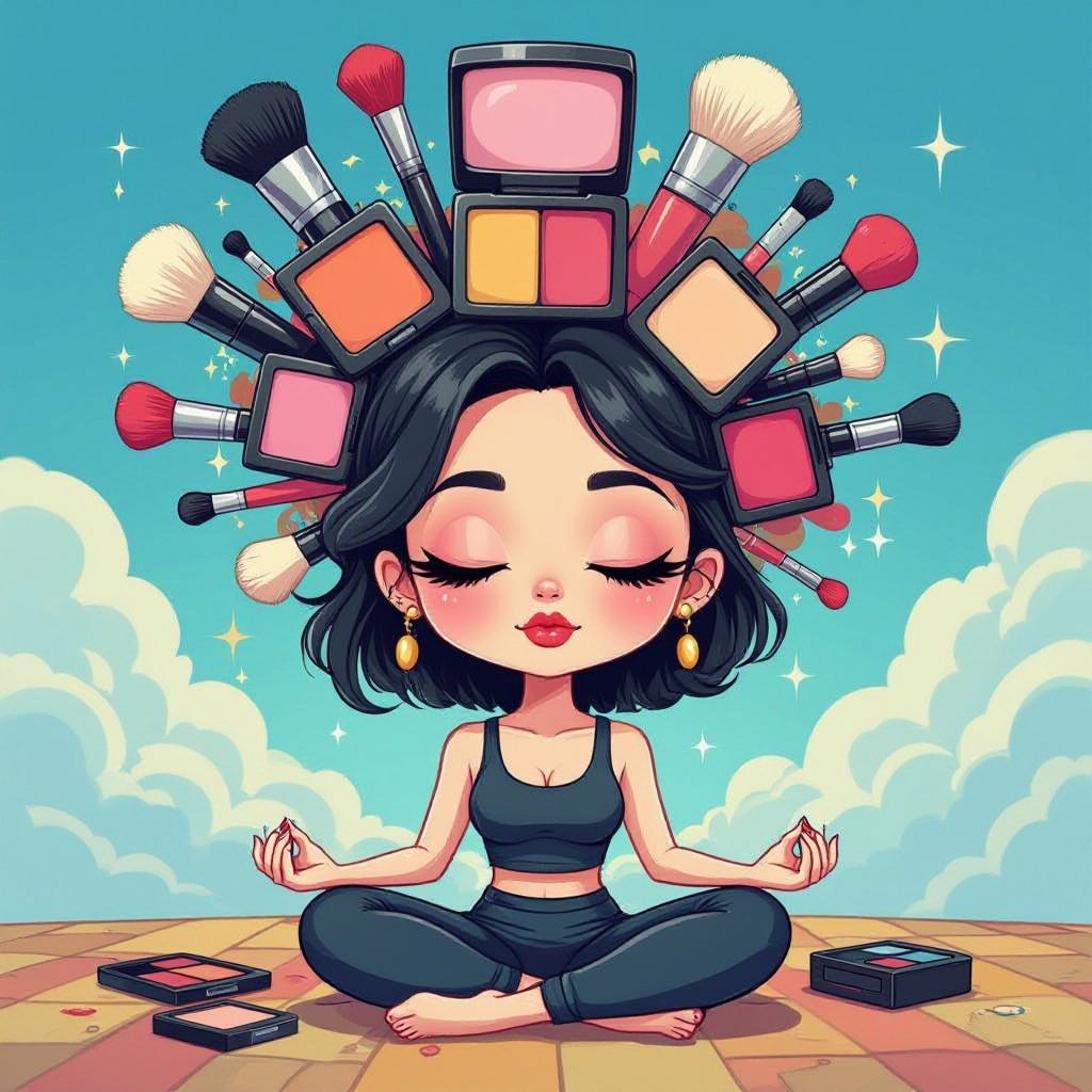 Create a chibi character mid 30’s lady who is the meditating with crown of makeup stuff