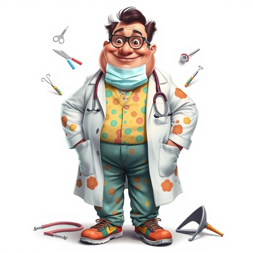 create a fat doctor. Who is funny human looking from head to toe. And he always immediately results to surgery for anything even small things. So please be sure to show his whole outfit head to toe. Make him have butt teeth