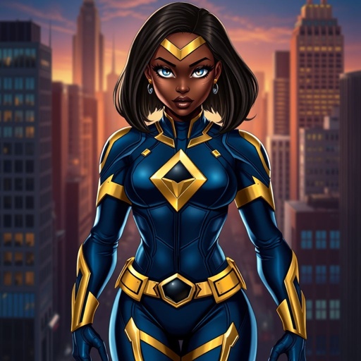 African American female superhero with hair in a shoulder length side part hairstyle with pure silver Glowing eyes wearing a leather slightly armored navy blue and gold suit with navy blue pants and gold boots with a diamond with the top half gold and the bottom half black her chest emblem in Philadelphia