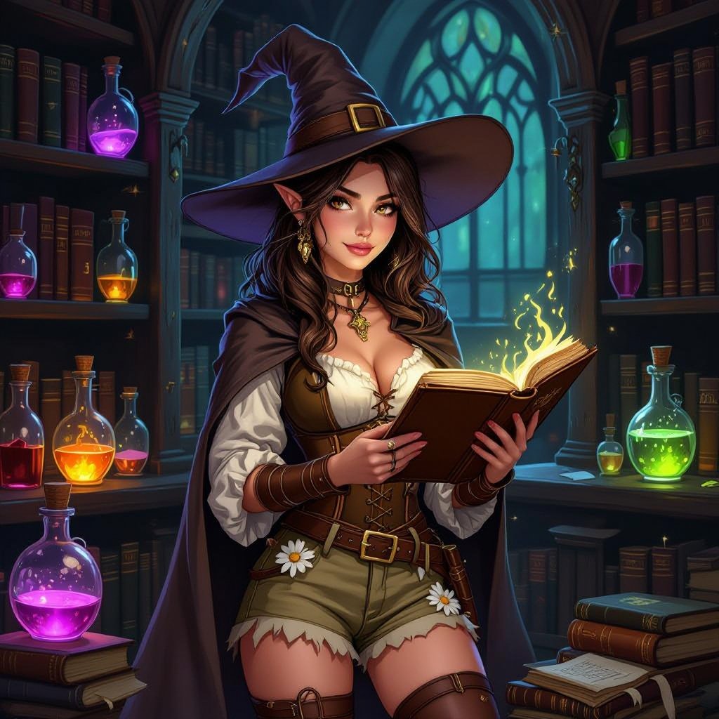Dark Brown Hair Elf Witch Librariano up in Witches Hat. In Khaki Daisy Dukes 