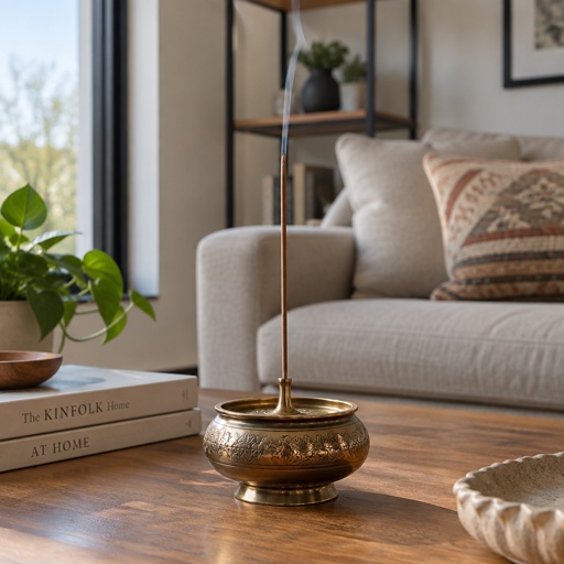 A classic incense burner with one stick of burning incense, sitting on a coffee table in a modern living room