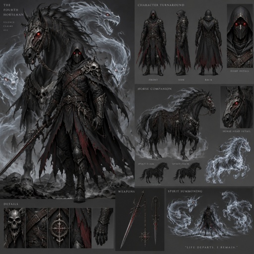 dark assassin, dragon eye, large horse companion, spirit summoning abilities, horseman of the apocalypse