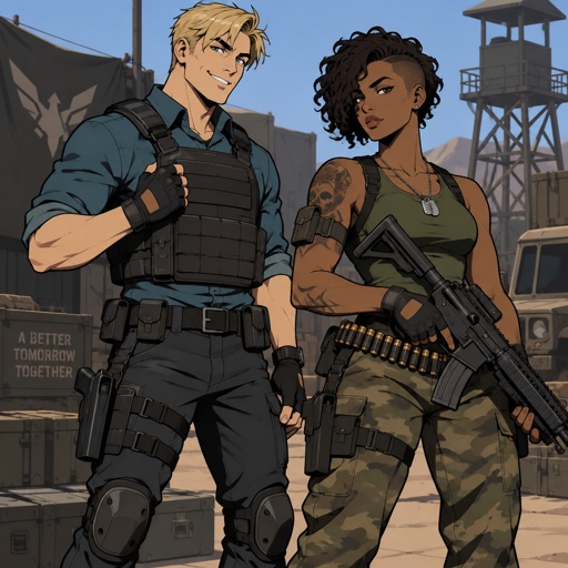Male, short messy blonde hair, brushed side hair, hair in middle of forehead, smiling, cyan shirt, plain flat bulletproof vest, fingerless gloves, knee pads, belt with gun, Female, African American, curly half shaved short hair, green tank top, camo pants, belt with bullets, fingerless gloves, dog tags, belt across chest, arm strap, tattoos, gun, on a mission