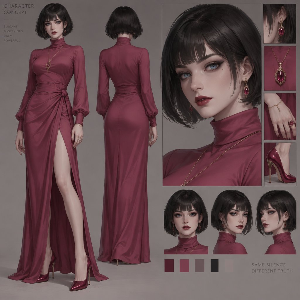 Female,tale,pale,beautiful,very call expression,mysterious,black hair French bob style,bright blue eyes, wearing a dark pink long turtleneck dress,high heels,eye liner,dark eye shadow,red lips,wearing jewelry