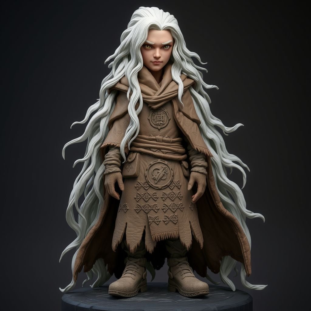 Create character hero  The Silver-Eyed Wanderer – A tall, androgynous figure with hair that white. piercing silver eyes seem to see both past and present at once. a long, tattered cloak covered in stitched symbols from lands unknown. Show her whole body head to toe including her shoes.