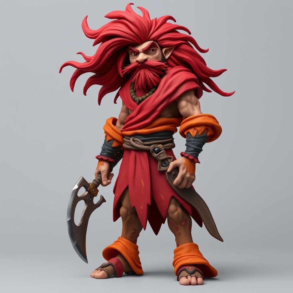 Create character hero Rhen the Fire-Singer – A lean, muscular man. His hair is a wild mane of deep crimson. He wears layered, flowing desert robes dyed in warm reds and golds, with scorch marks where flames have licked them. A curved blade hangs at his hip. Show her whole body head to toe including her shoes.