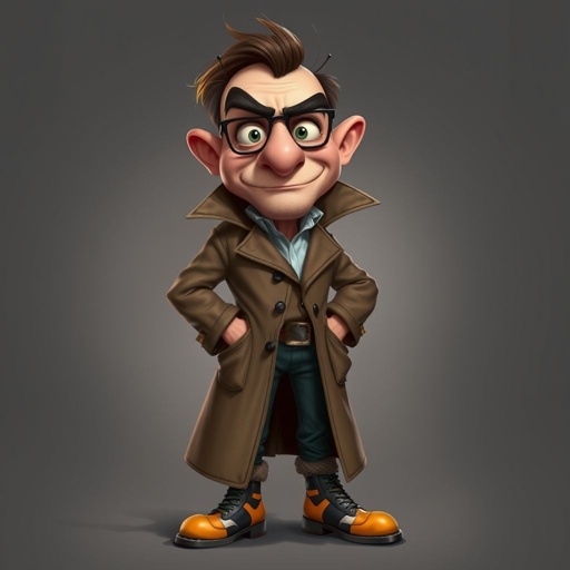 Create a character who is a goofy looking detective, who is confident. But funny looking and grouchy . With cool shoes on.