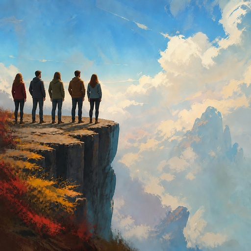 a group of people standing on top of a cliff