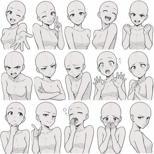 Different face expressions half body drawing base, dynamic,
