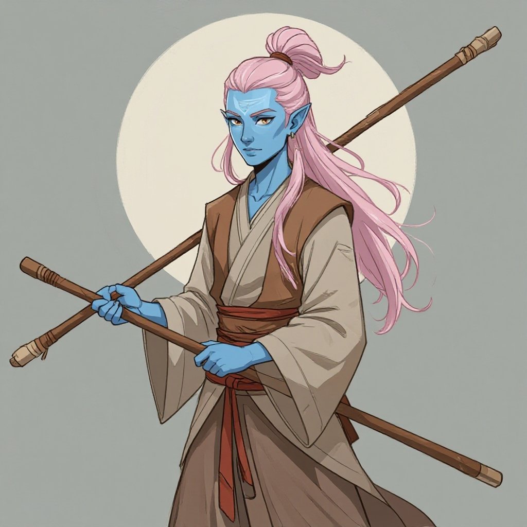 My character is a yielding monk with light pink and brown hair. She has blue skin and a quaterstaff on her back. He hair is pulled ina short half up half down hairstyle. She is wearing light colours clothes long sleeves shirt and long legged pants.