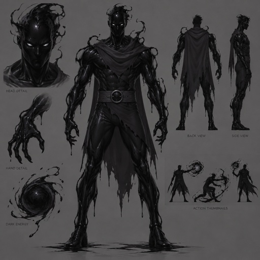 Male Superhero with dark energy abilities, simple costume, body made of black goo